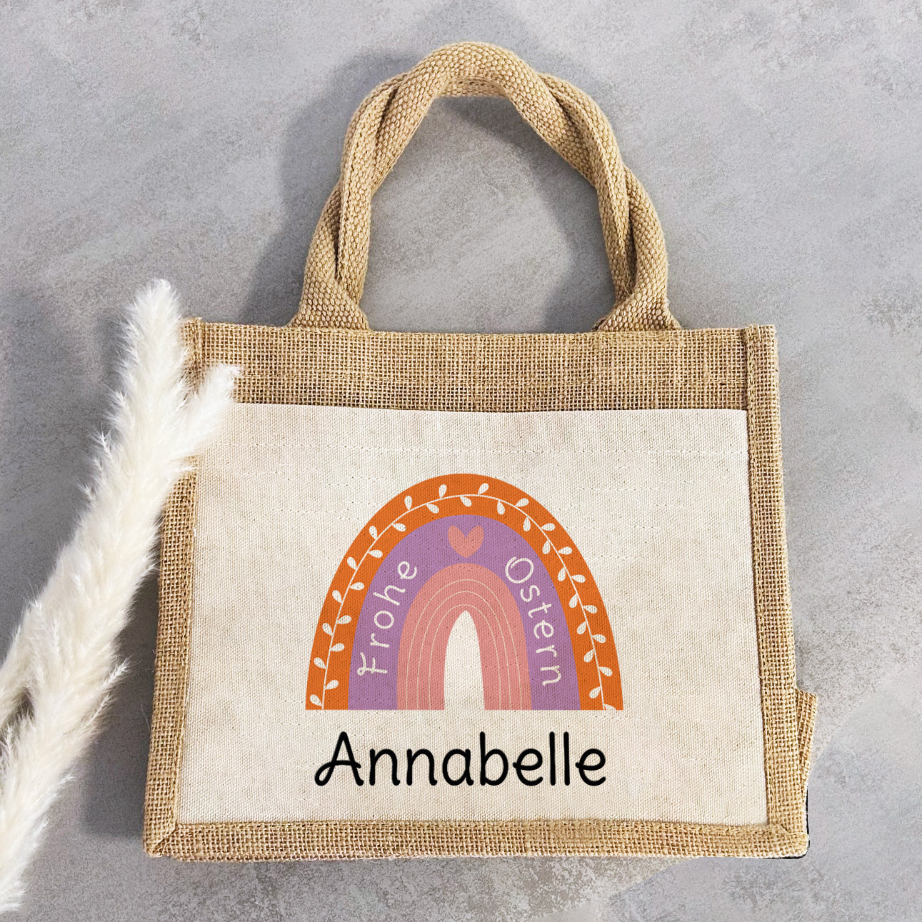 Jute Pocket Tasche mit Namen | Frohe Ostern | Regenbogen lila