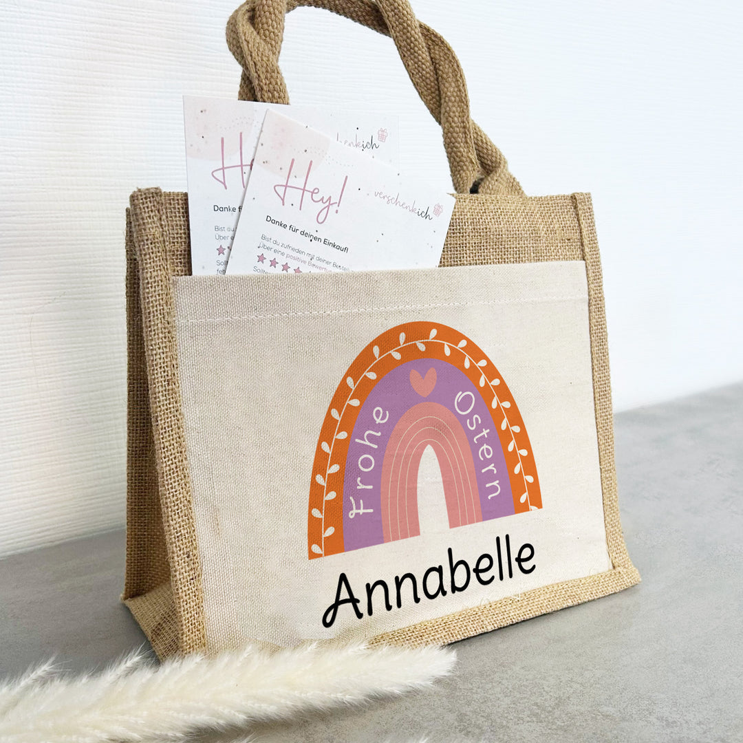 Ostern | Personalisierte Jute Pocket Tasche | mit Wunschnamen | Frohe Ostern | Regenbogen lila | als Geschenktasche oder zur Ostereiersuche