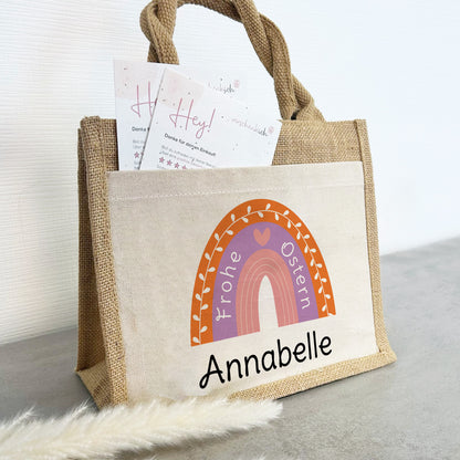 Jute Pocket Tasche mit Namen | Frohe Ostern | Regenbogen lila