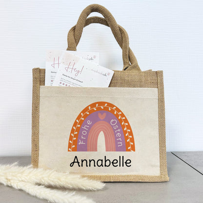 Jute Pocket Tasche mit Namen | Frohe Ostern | Regenbogen lila
