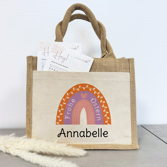 Jute Pocket Tasche mit Namen | Frohe Ostern | Regenbogen lila
