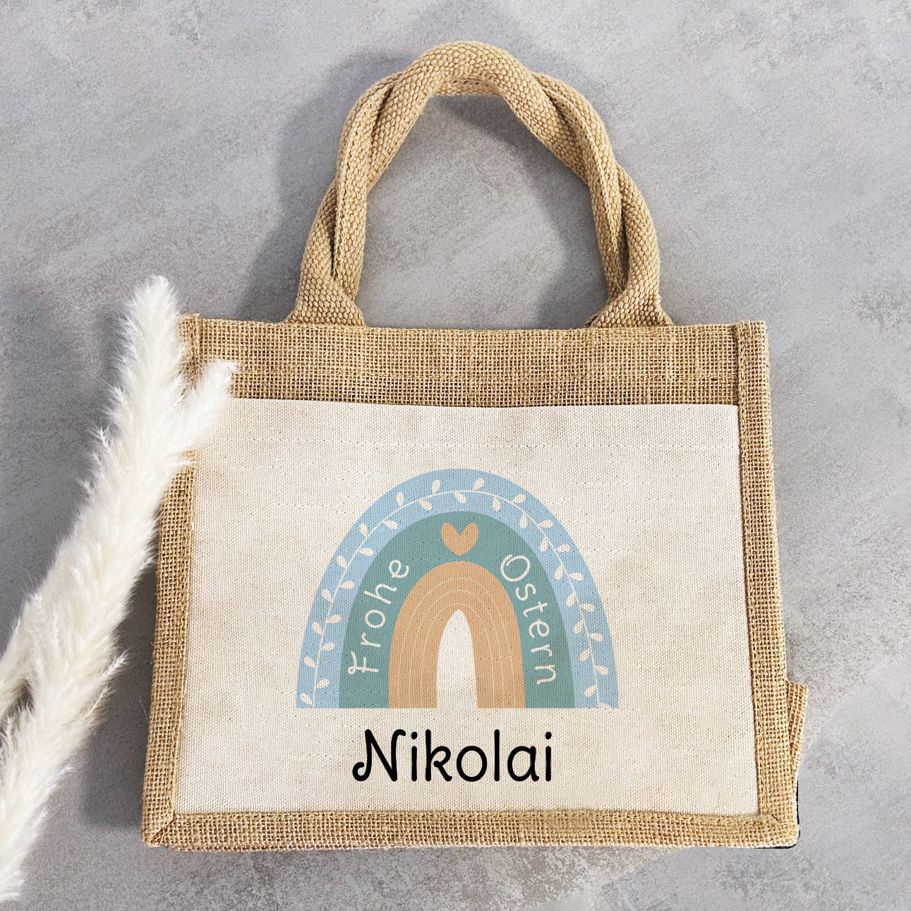 Jute Pocket Tasche mit Namen | Frohe Ostern | Regenbogen mint