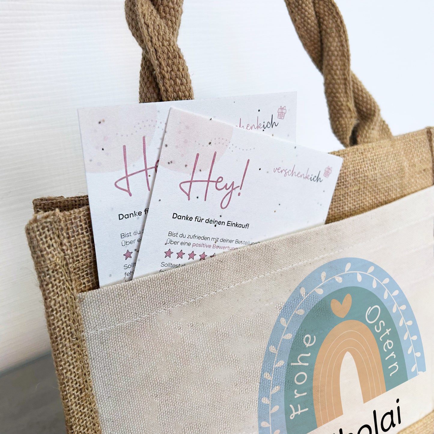 Jute Pocket Tasche mit Namen | Frohe Ostern | Regenbogen mint