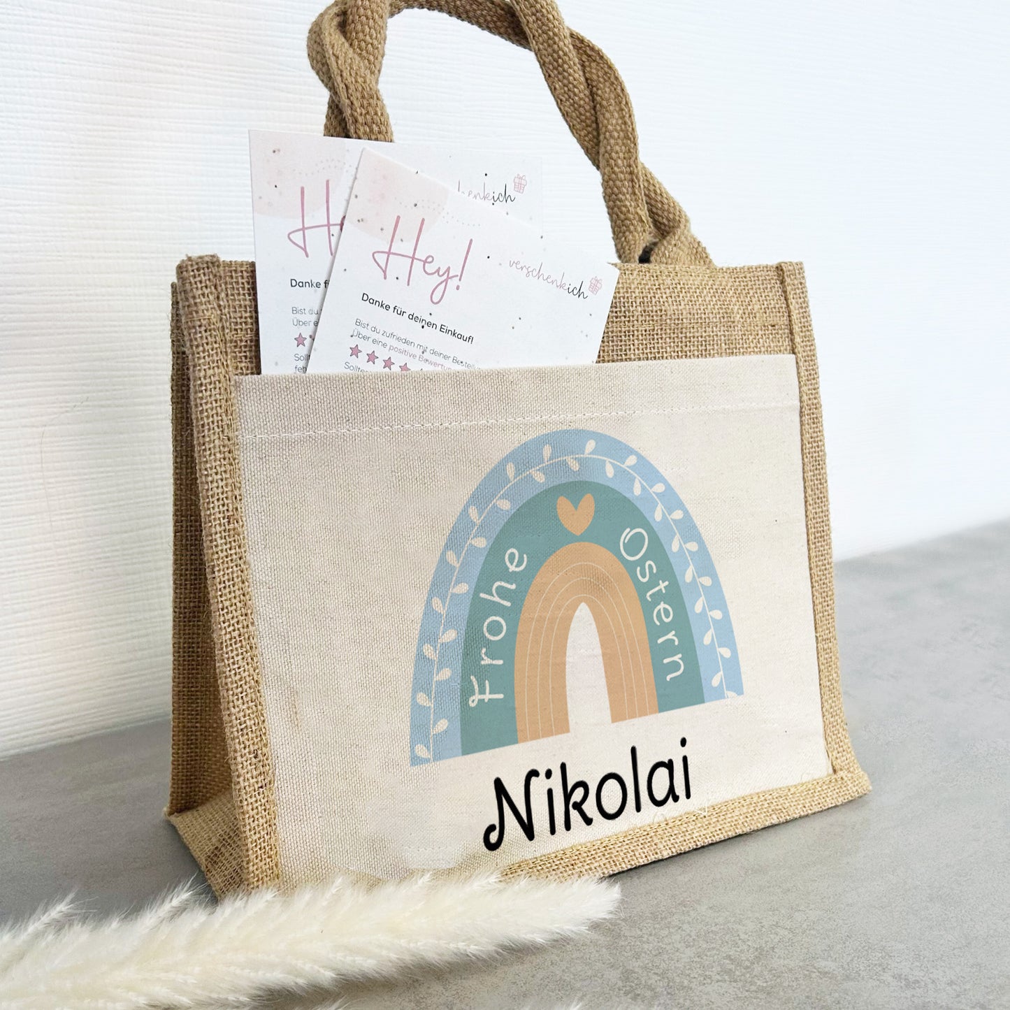 Jute Pocket Tasche mit Namen | Frohe Ostern | Regenbogen mint
