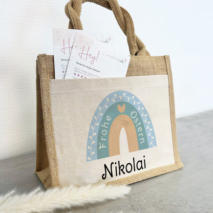 Jute Pocket Tasche mit Namen | Frohe Ostern | Regenbogen mint