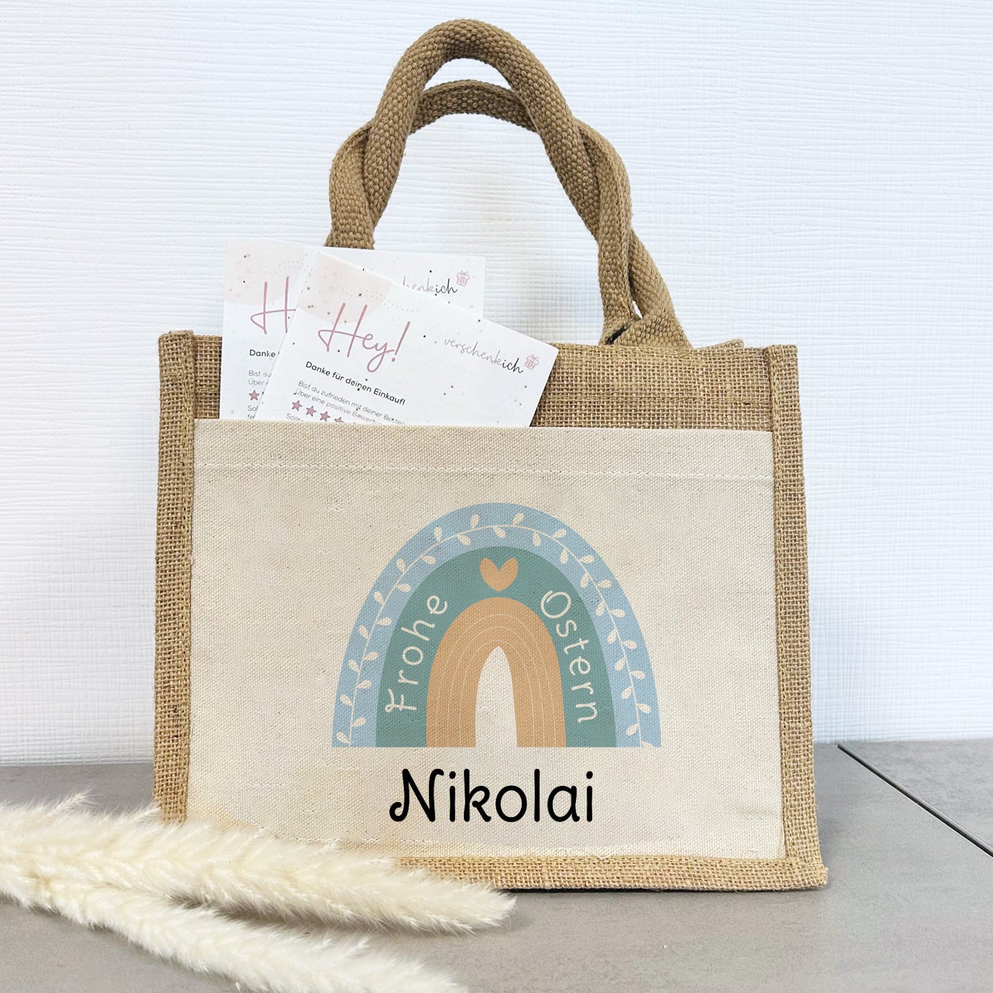 Jute Pocket Tasche mit Namen | Frohe Ostern | Regenbogen mint
