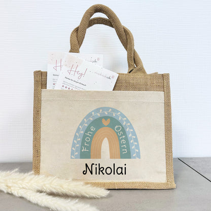 Jute Pocket Tasche mit Namen | Frohe Ostern | Regenbogen mint
