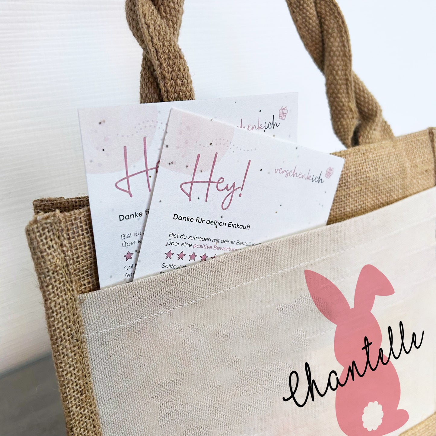 Jute Pocket Tasche mit Namen | Hase rosa