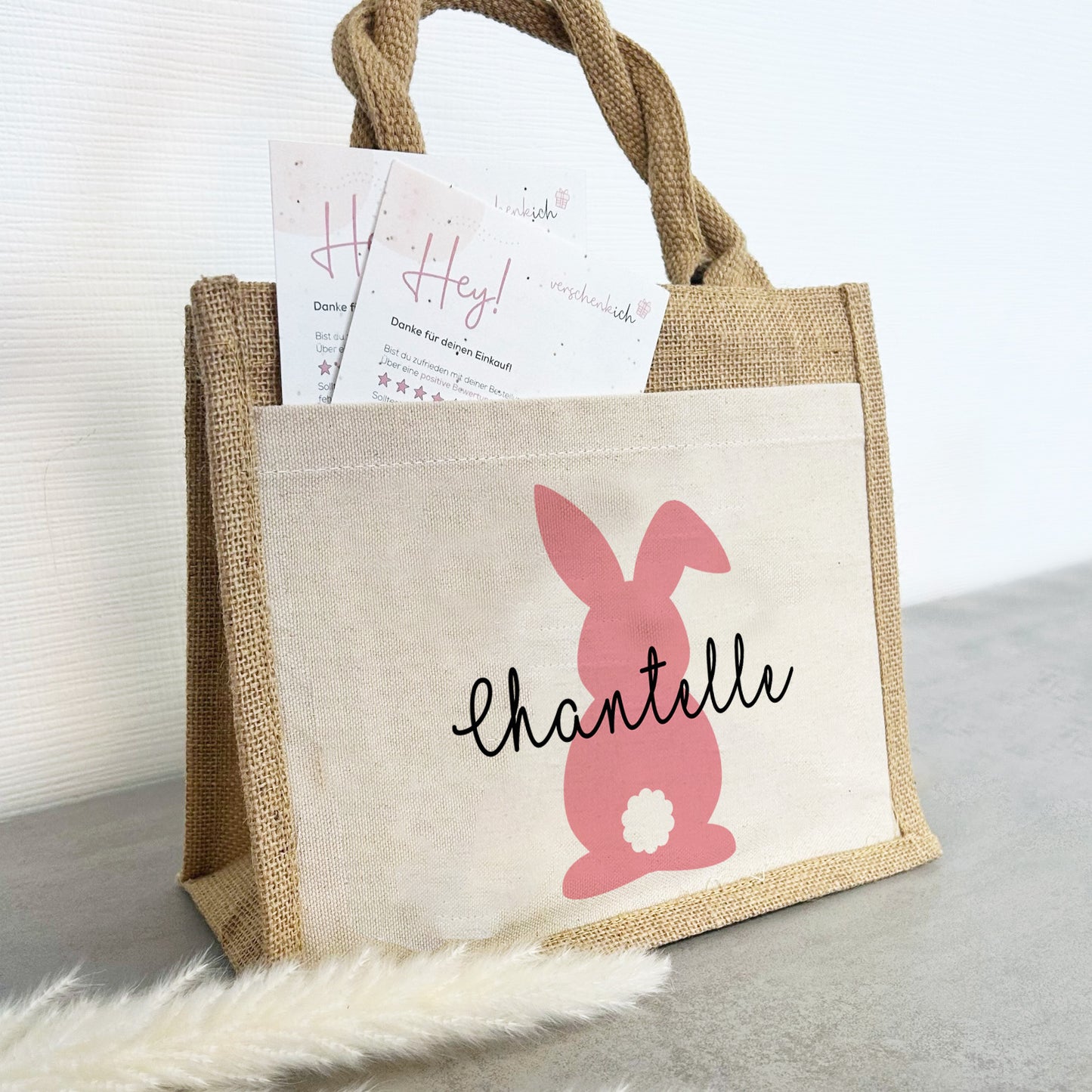 Jute Pocket Tasche mit Namen | Hase rosa