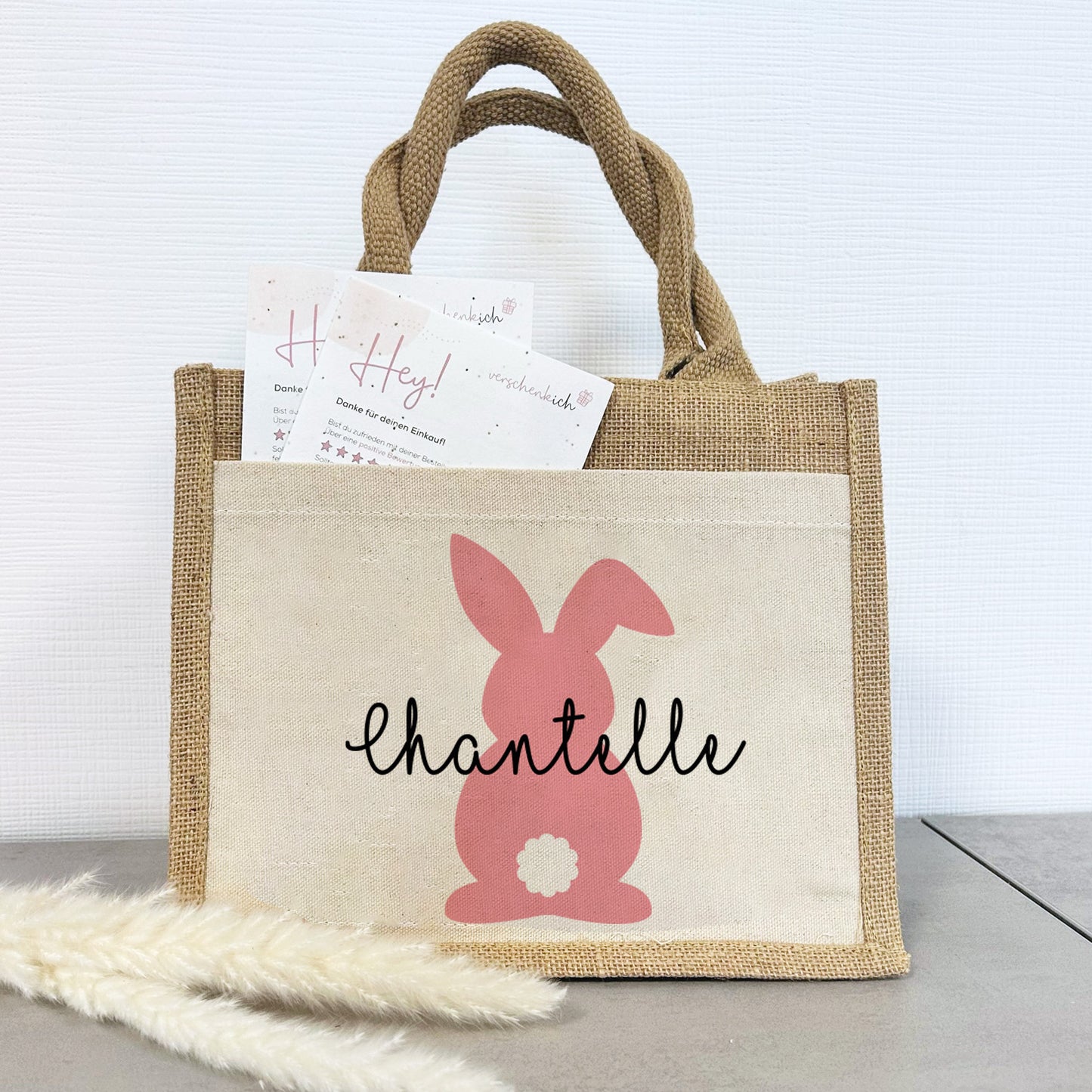 Jute Pocket Tasche mit Namen | Hase rosa