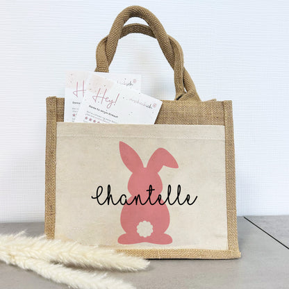Jute Pocket Tasche mit Namen | Hase rosa