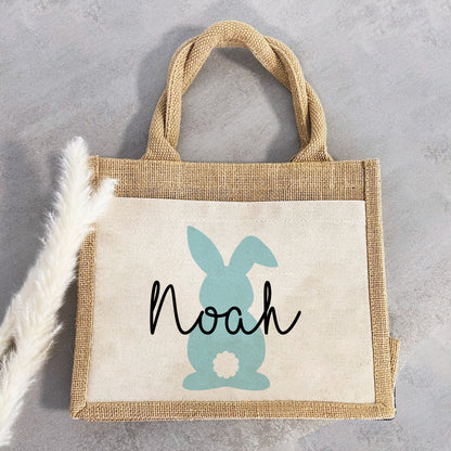 Jute Pocket Tasche mit Namen | Hase blau