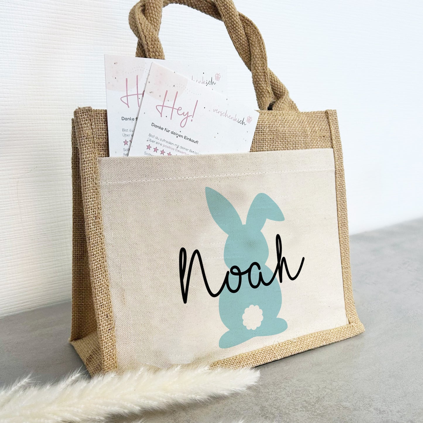Jute Pocket Tasche mit Namen | Hase blau
