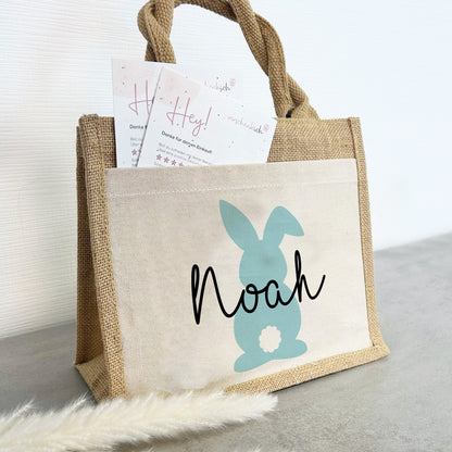 Jute Pocket Tasche mit Namen | Hase blau
