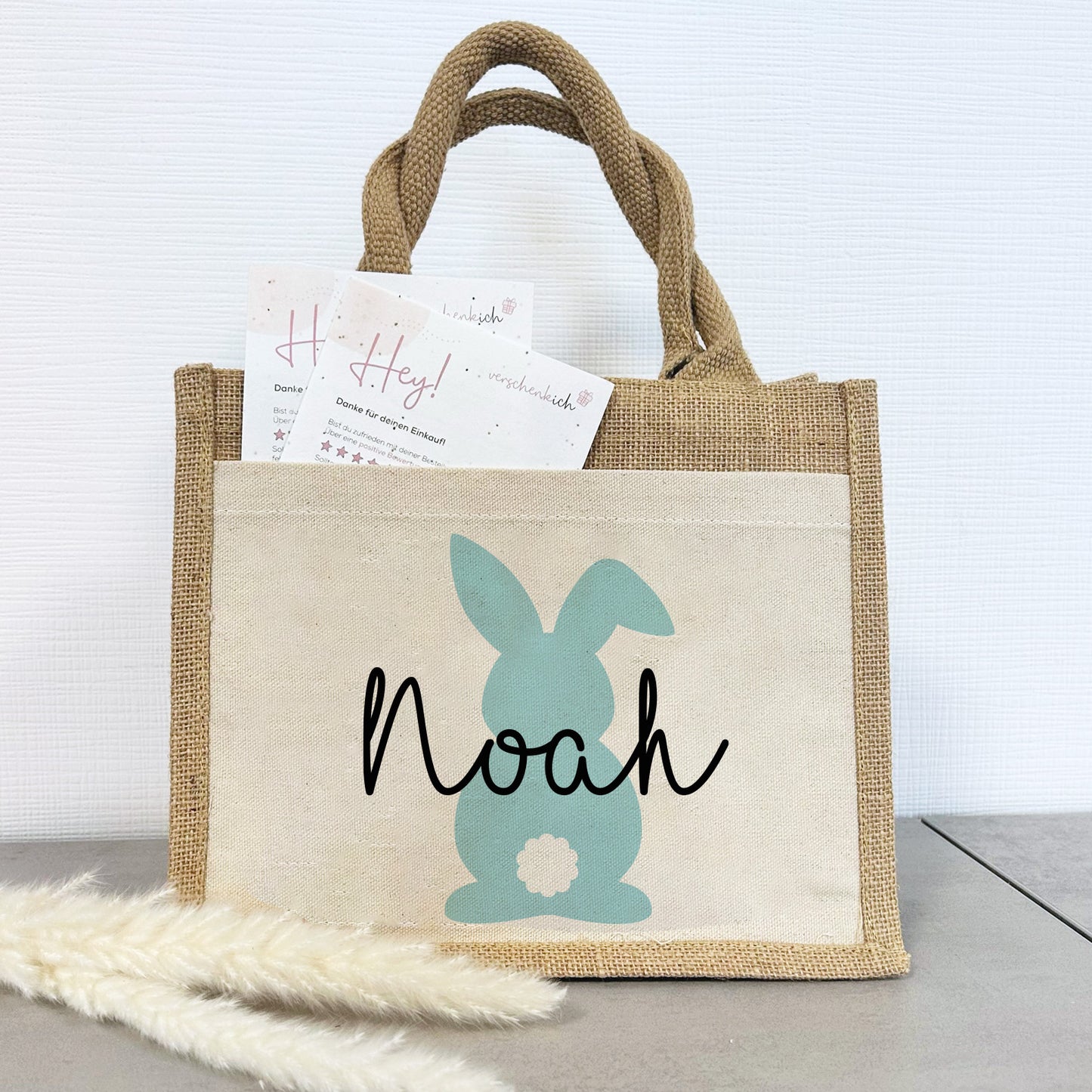 Jute Pocket Tasche mit Namen | Hase blau