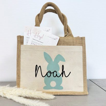Jute Pocket Tasche mit Namen | Hase blau