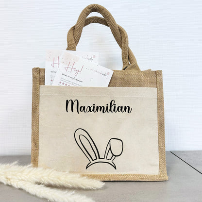 Jute Pocket Tasche mit Namen | Hasenohren 1