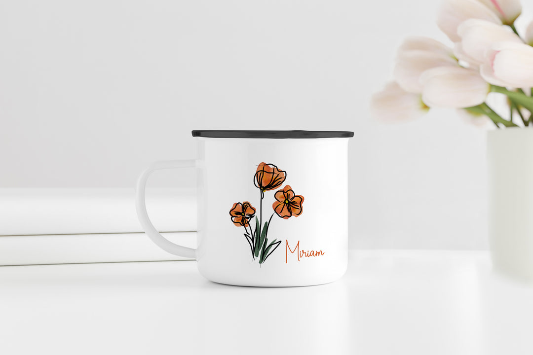 Personalisierter Emaillebecher | Emaille Tasse mit schwarzem Rand | mit Wunschnamen | Frühling | Mohnblumen | beim Kaffee an Blumen erfreuen