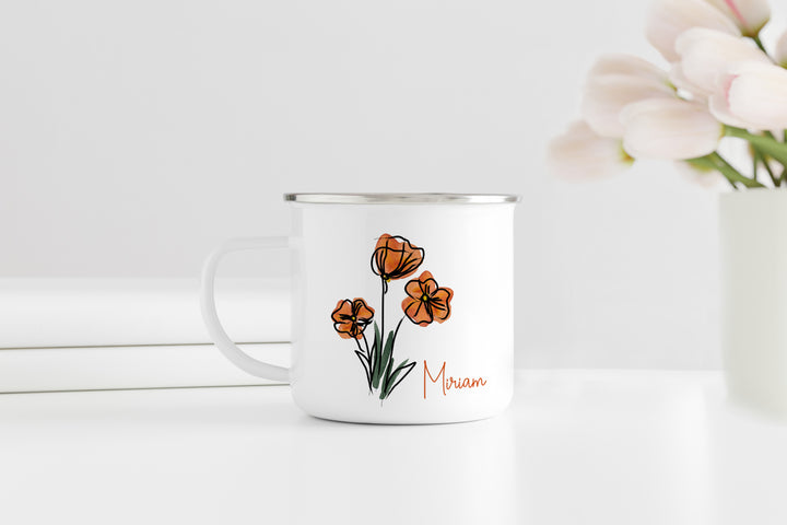 Personalisierter Emaillebecher | Emaille Tasse mit silbernen Rand | mit Wunschnamen | Frühling | Mohnblumen | beim Kaffee an Blumen erfreuen