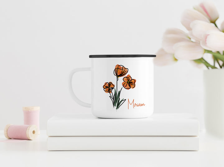 Personalisierter Emaillebecher | Emaille Tasse mit schwarzem Rand | mit Wunschnamen | Frühling | Mohnblumen | beim Kaffee an Blumen erfreuen