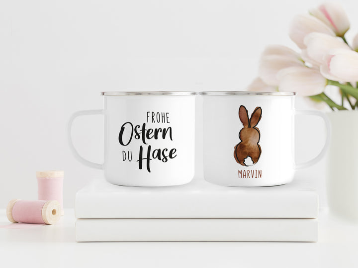 Personalisierter Emaille Becher | mit Wunschnamen | Frohe Ostern du Hase | Rand silber | Kaffeebecher als Geschenkidee und Ostergruß