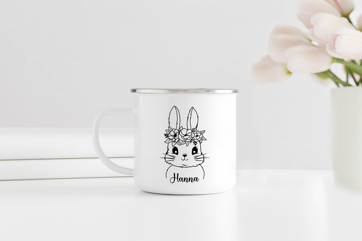 Personalisierter Emaille Becher | mit Wunschnamen | Hase | Mädchen | Ostern | Rand silber | Kaffeetasse als Geschenk und Ostergruß