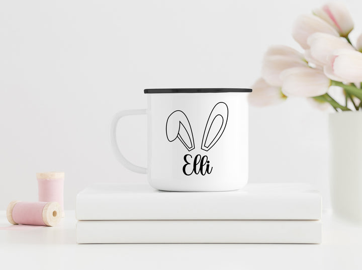 Personalisierter Emaille Becher | mit Wunschnamen | Hasenohren 2 | Ostern | Rand schwarz | Kaffeetasse als Geschenk und Ostergruß