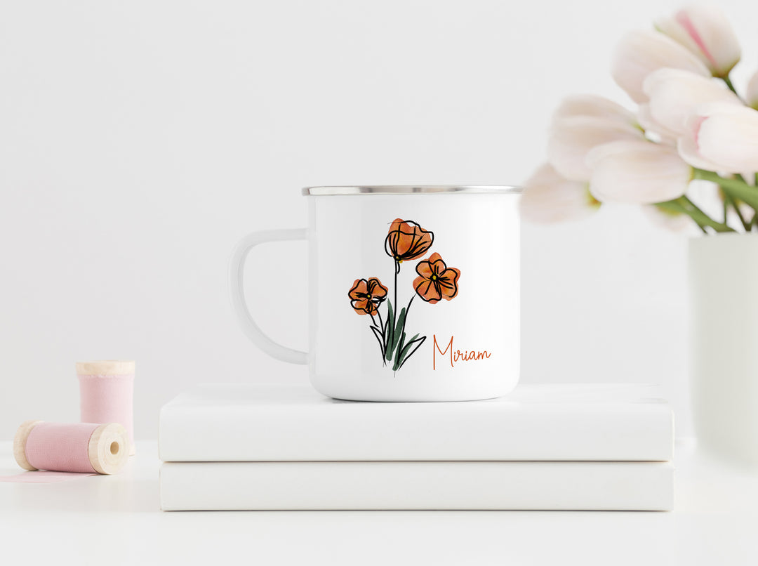 Personalisierter Emaillebecher | Mohnblumen | Emaille Tasse | Rand schwarz oder silber | mit Name | beim Kaffee an Blumen erfreuen