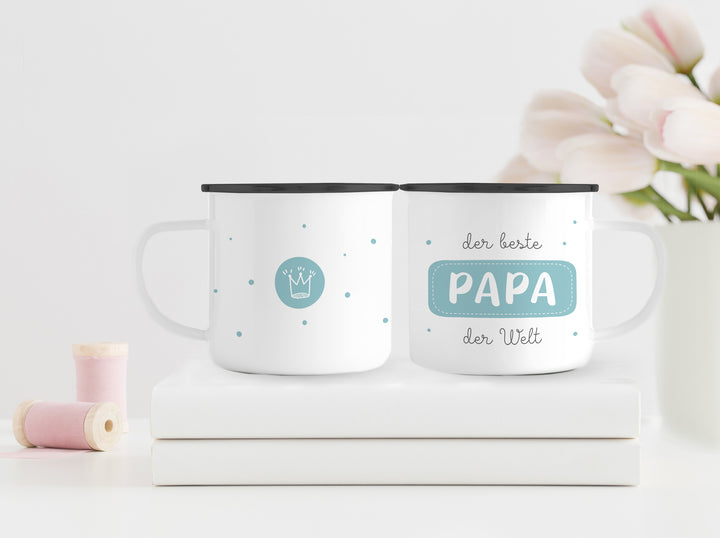 Emaillebecher | Emaille Tasse mit schwarzem Rand | Der beste Papa der Welt | Geschenk zum Geburtstag oder Vatertag