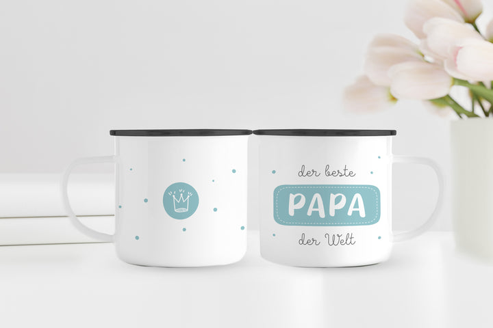 Emaillebecher | Emaille Tasse mit schwarzem Rand | Der beste Papa der Welt | Geschenk zum Geburtstag oder Vatertag
