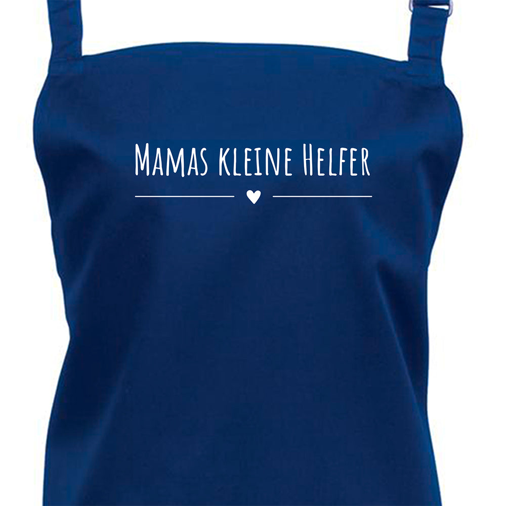 Kochschürze in royal mit weißem Schriftzug Mamas kleine Helfer und Herzmotiv, personalisiert mit Kindernamen