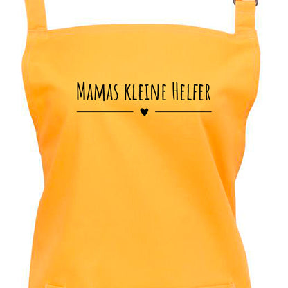 Kochschürze in sunflower mit schwarzem Schriftzug Mamas kleine Helfer und Herzmotiv, personalisiert mit Kindernamen