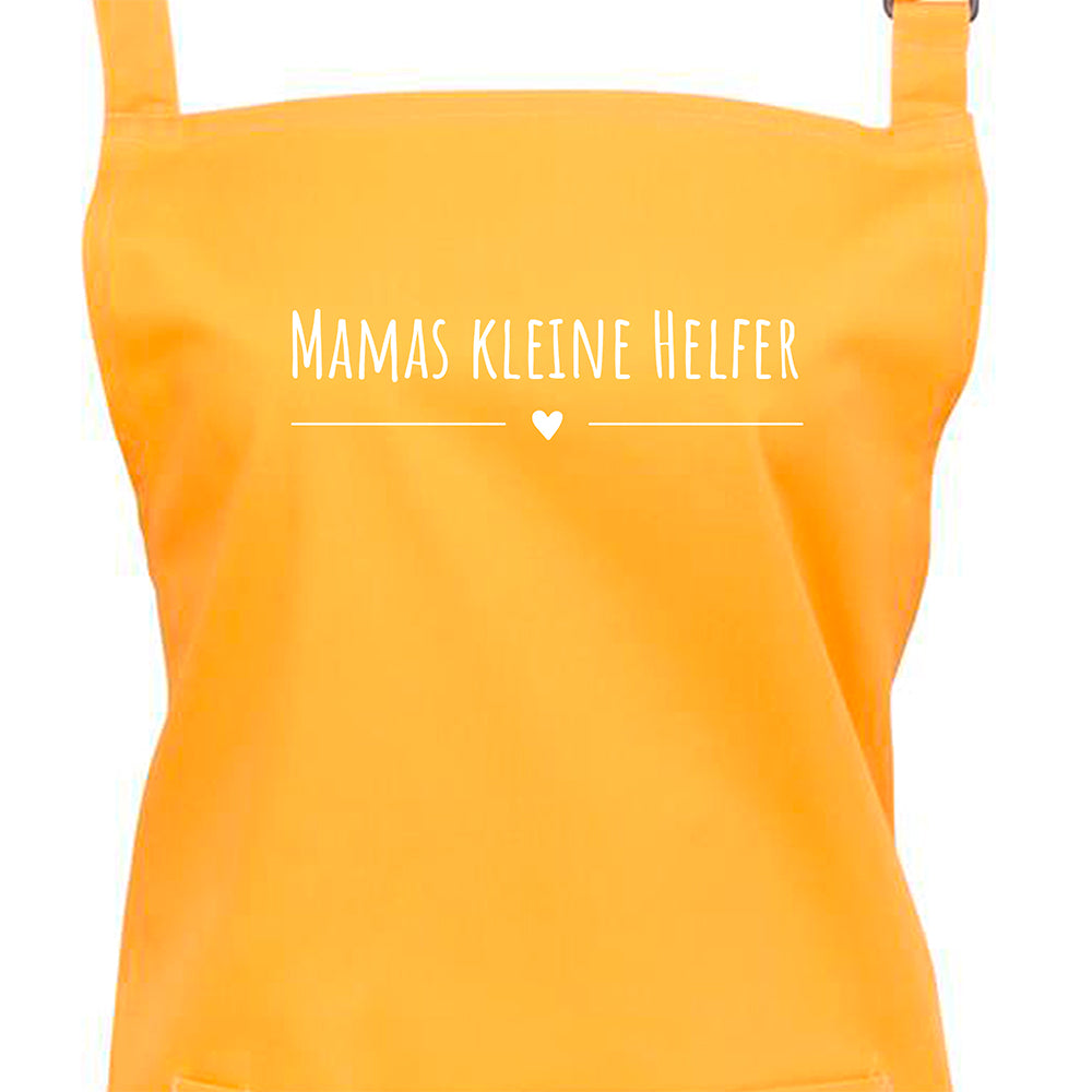 Kochschürze in sunflower mit weißem Schriftzug Mamas kleine Helfer und Herzmotiv, personalisiert mit Kindernamen