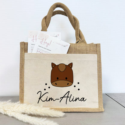 Jute Pocket Tasche mit Namen | Pferd