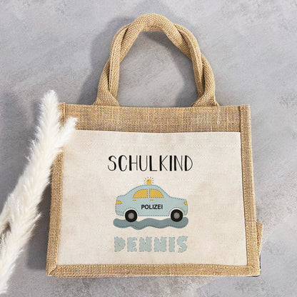 Einschulung | Personalisierte Jute Pocket Tasche | mit Wunschnamen | Schulkind Polizei | als Geschenktasche für Schulanfang