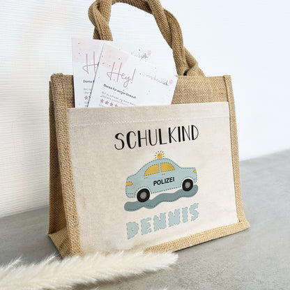 Einschulung | Personalisierte Jute Pocket Tasche | mit Wunschnamen | Schulkind Polizei | als Geschenktasche für Schulanfang