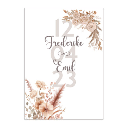 Personalisierte Poster mit Namen, Datum und Blumen in Pastelltönen, romantisches Geschenk