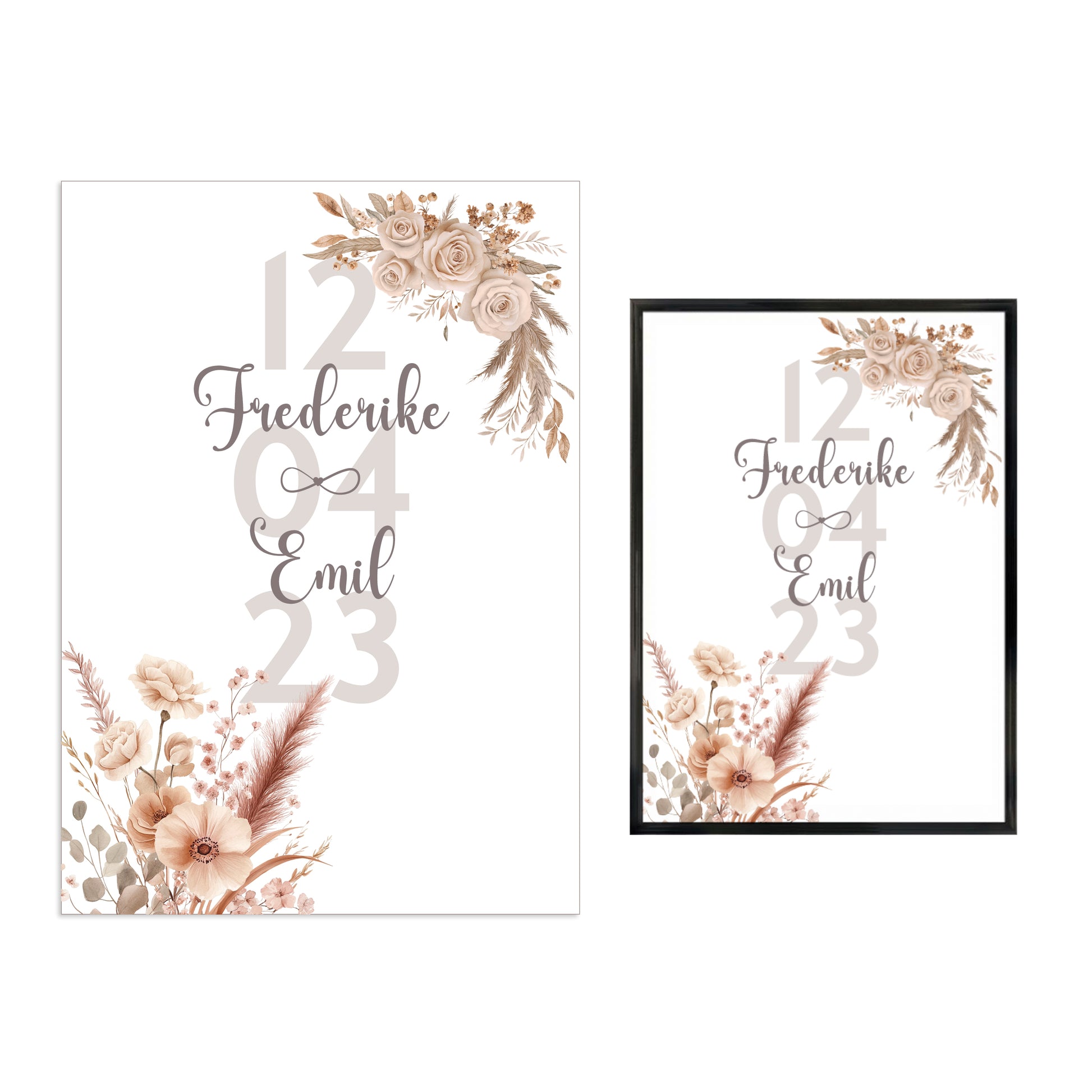 Personalisierbares Poster mit floralen Motiven, Namen, Datum, romantisches Geschenk zur Hochzeit