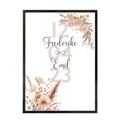 Personalisiertes Poster mit Namen Frederike und Emil, floralem Design und Datum, Geschenkidee