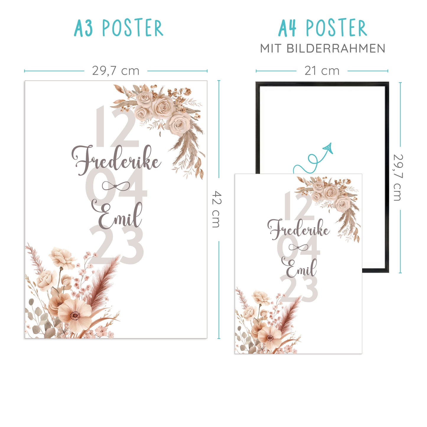 Personalisierbares Poster mit floralen Elementen, Namen und Datum, A3 und A4 Größenvergleich