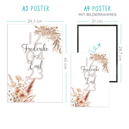 Personalisierbares Poster mit floralen Elementen, Namen und Datum, A3 und A4 Größenvergleich