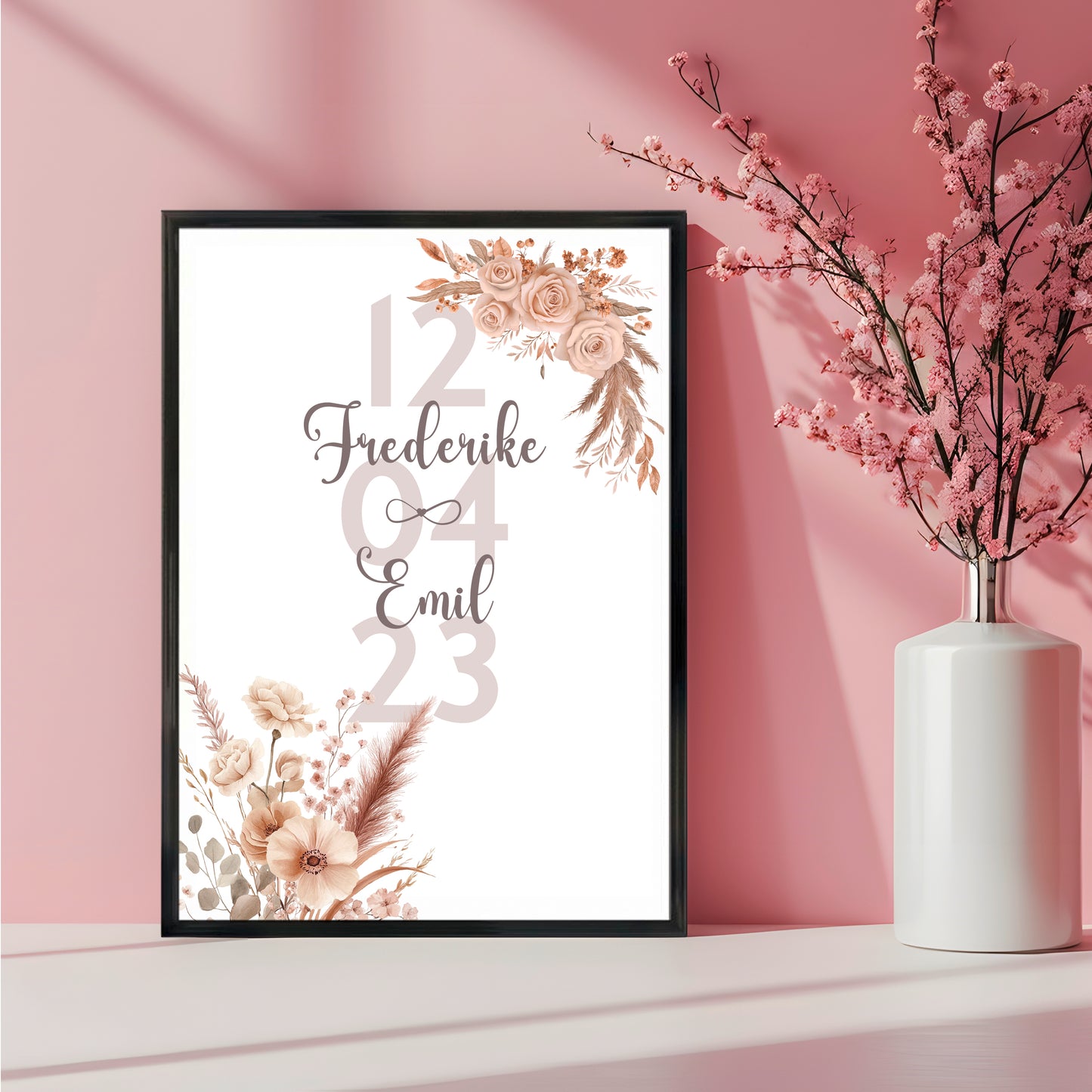 Personalisiertes Poster mit floralen Elementen, Namen und Datum, moderne Wanddeko Geschenk