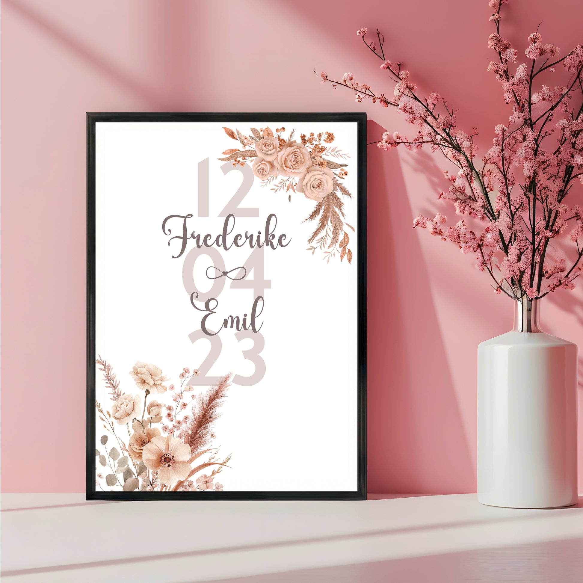 Personalisiertes Poster mit floralen Elementen, Namen und Datum, moderne Wanddeko Geschenk