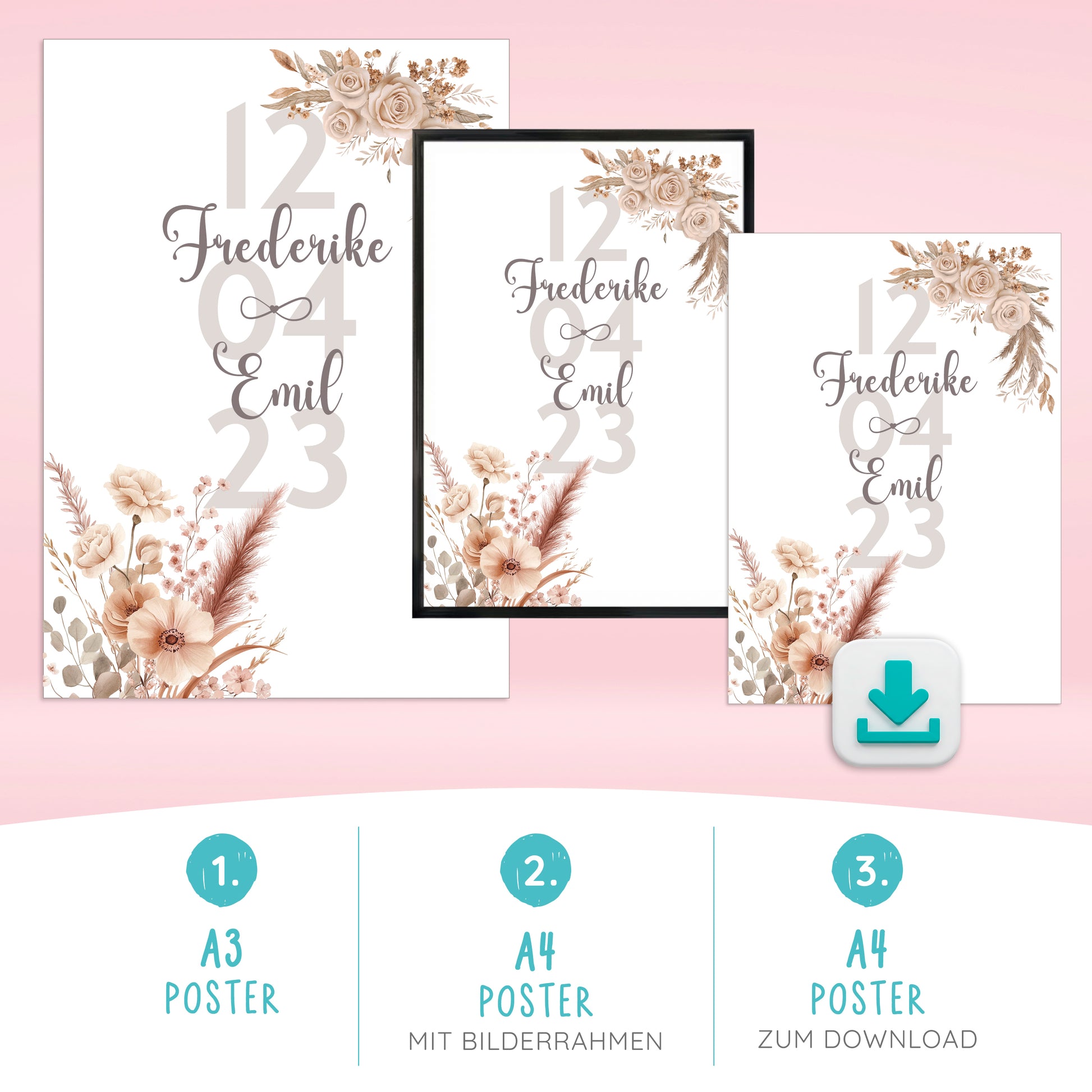 Personalisierbares Poster mit floralen Elementen, Namen und Datum in sanften Beige-Tönen.