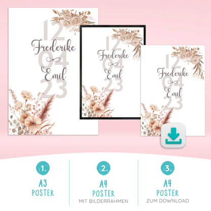 Personalisierbares Poster mit floralen Elementen, Namen und Datum in sanften Beige-Tönen.