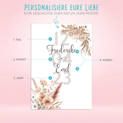 Personalisierbares Poster mit Blumen, Datum und Namen, romantisches Geschenk zur Liebe