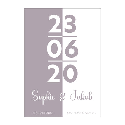 Personalisiertes Poster mit Datum, Namen und Koordinaten, modernes Design, Geschenk Liebe.