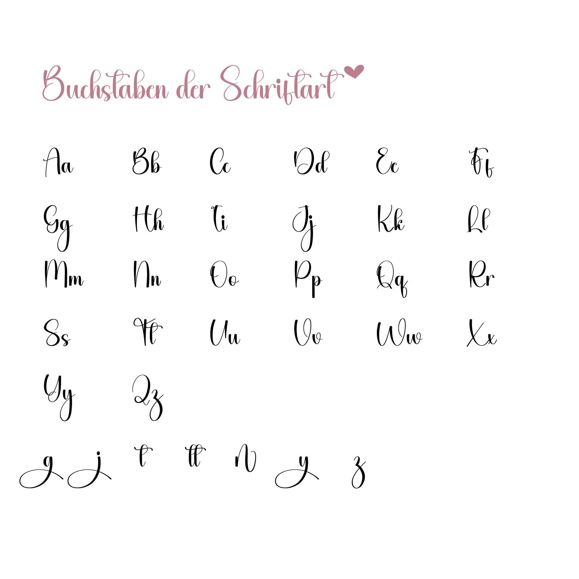 Übersicht handgeschriebene Schriftart, alle Buchstaben in stilvoller Kalligrafie