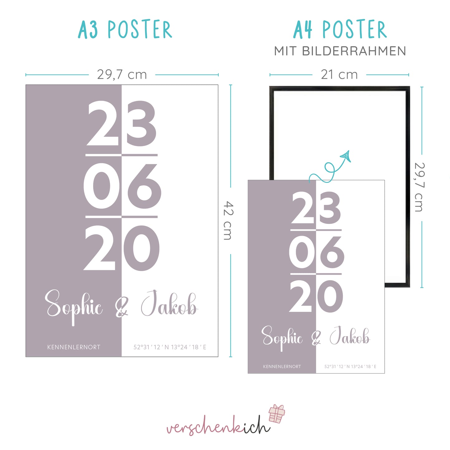 Personalisierbares Poster zur Hochzeit mit Datum, Namen und Koordinaten, A3 und A4 Größen im Vergleich.