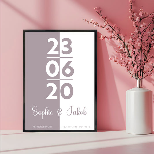 Poster | Koordinaten mit Name + Datum | Puderrosa